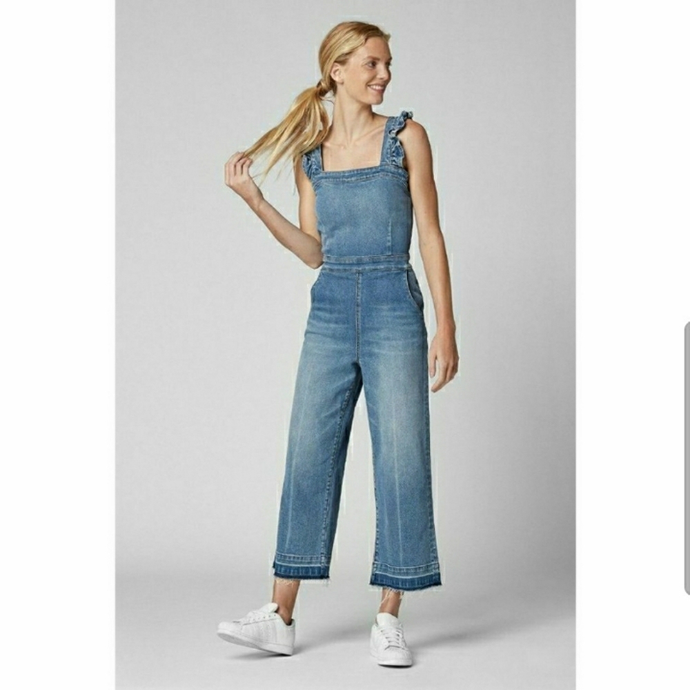 BLANKNYC Jumpsuit Denim Ruffle It's Vintage Blue Wash Cotton Wide Leg SZ 26
